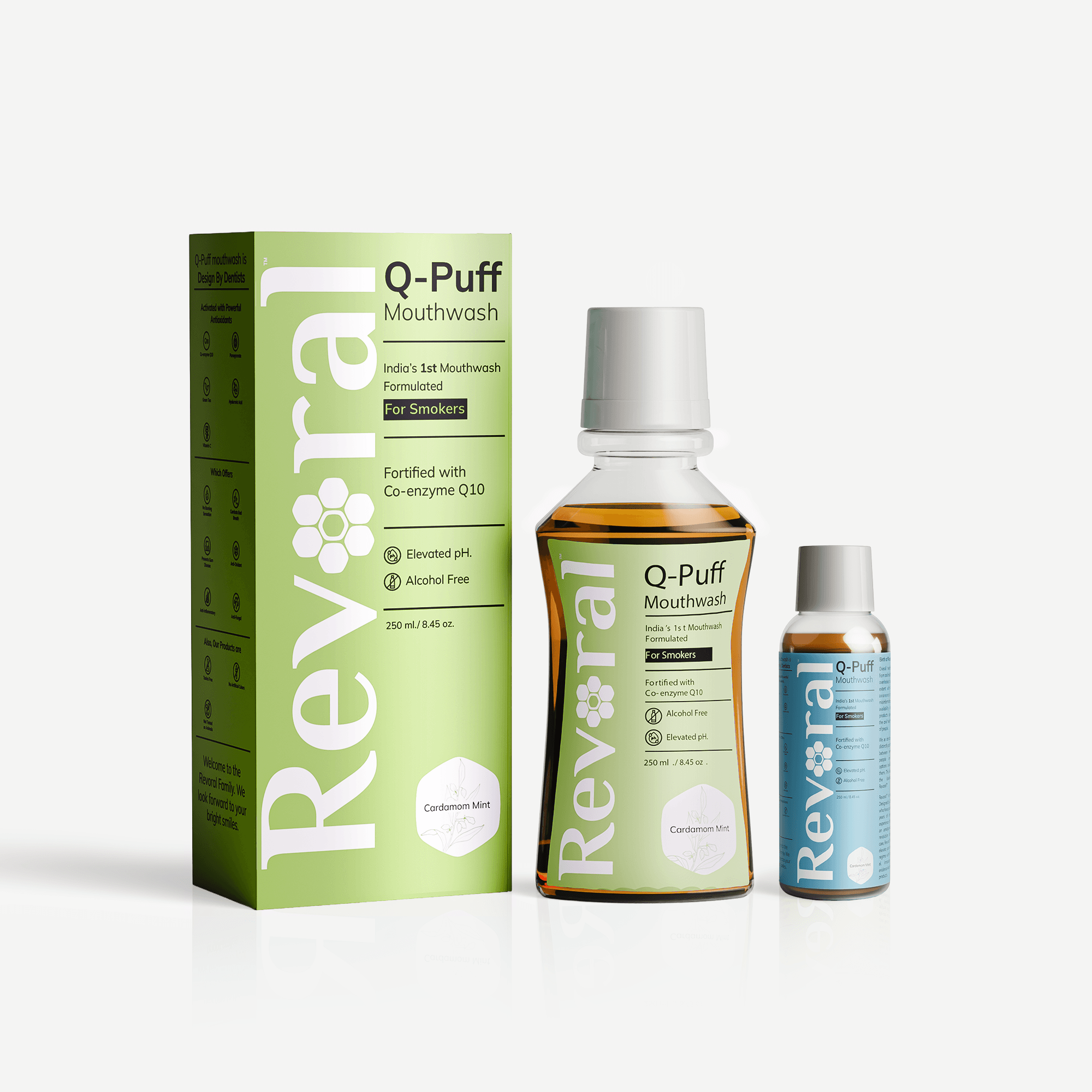 Q-Puff Mouthwash | Cardamom Mint 250ml + Spicy Vanilla 50ml